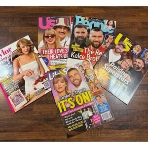 Lot of Taylor Swift Travis Kelce magazines.